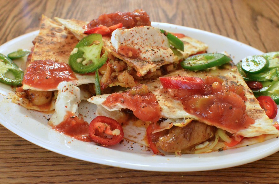 Grilled quesadilla with salsa and jalapeños