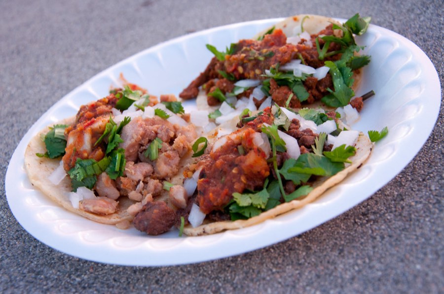 Street tacos with cilantro, onion and salsa